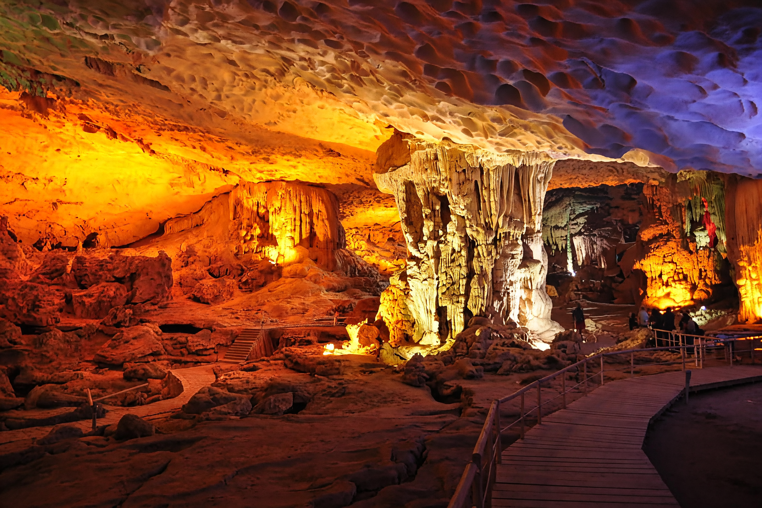 Sung Sot Cave interior with dramatic stalactites in Ha Long Bay